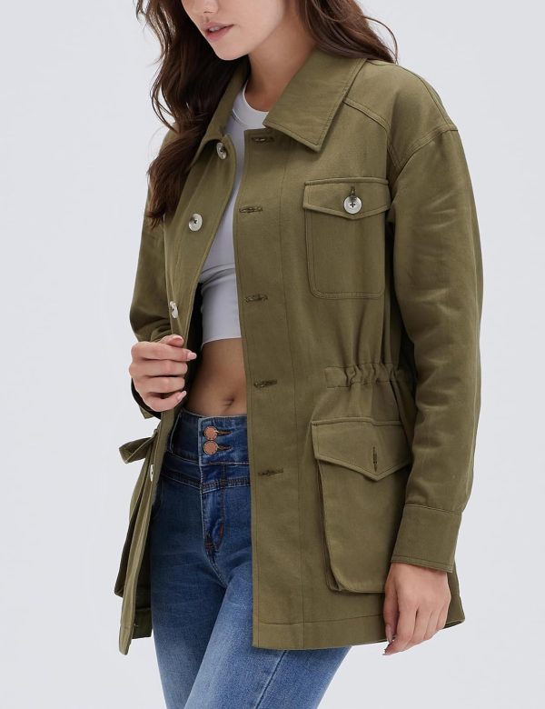 Women's Military Jacket Lightweight Button Up Utility Drawstring Waist Anorak Coat with Pockets
