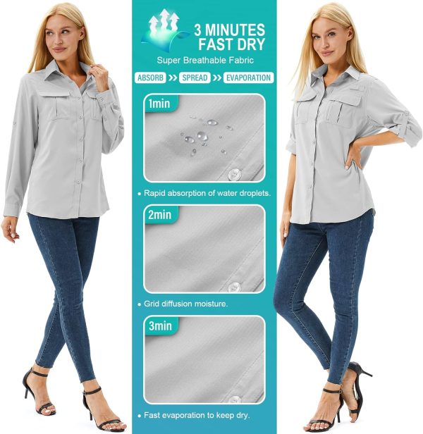 Women's UPF 50+ Long Sleeve UV Sun Protection Safari Shirt, Quick Dry SPF Hiking Fishing Breathable Shirts