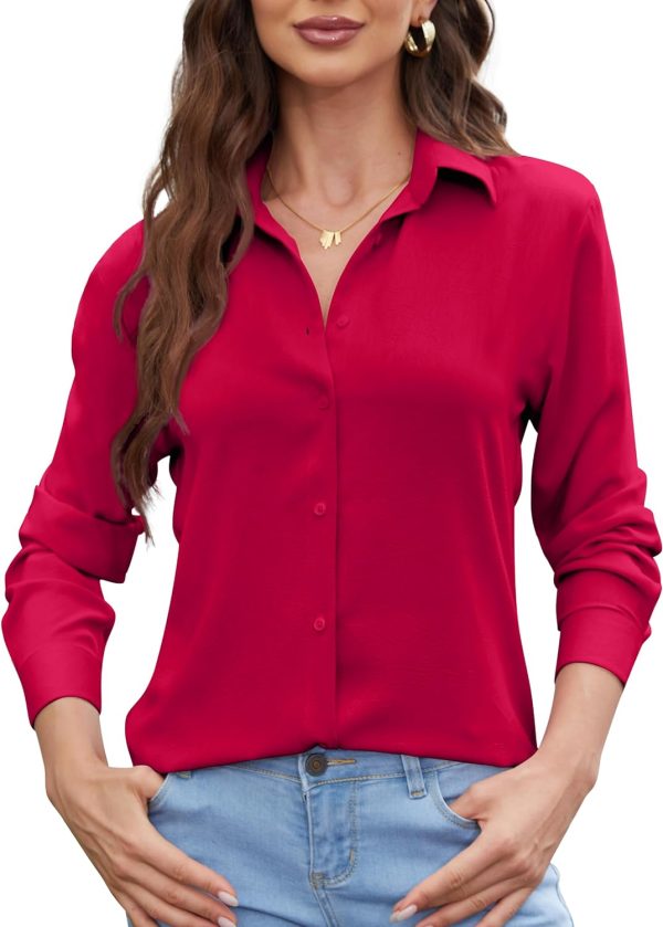 Womens Chiffon Blouses Button-Down Shirts Soft Tops Collared Casual Work Shirt XS-XXL