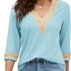 Women's Casual 3/4 Sleeve Shirts Lace V Neck Color Block Dressy Tops Trendy Hollow Floral Blouses T Shirts S-XXL