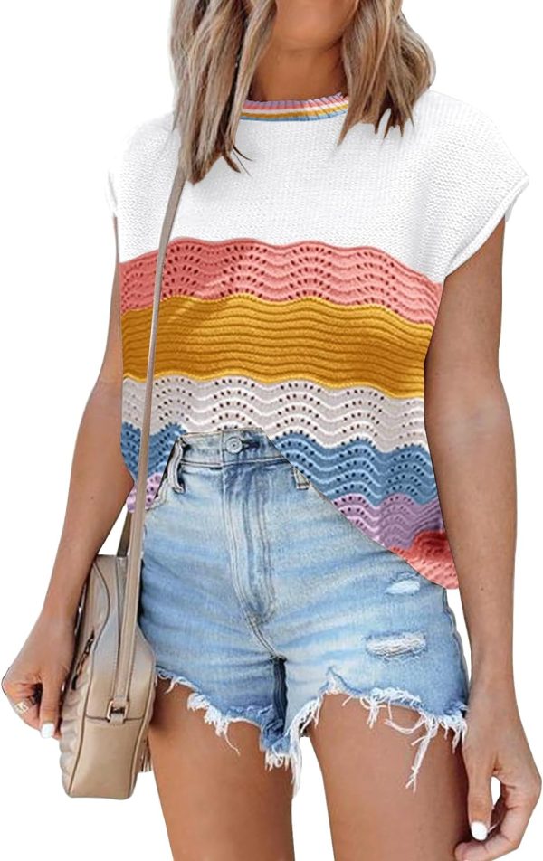 71vO8pW_ypL._AC_SL1500 Womens Cap Sleeve Sweater Vest Summer Tops Sleeveless Tank Tops 2024 Trendy Spring Clothes Striped Short Sleeve Shirts