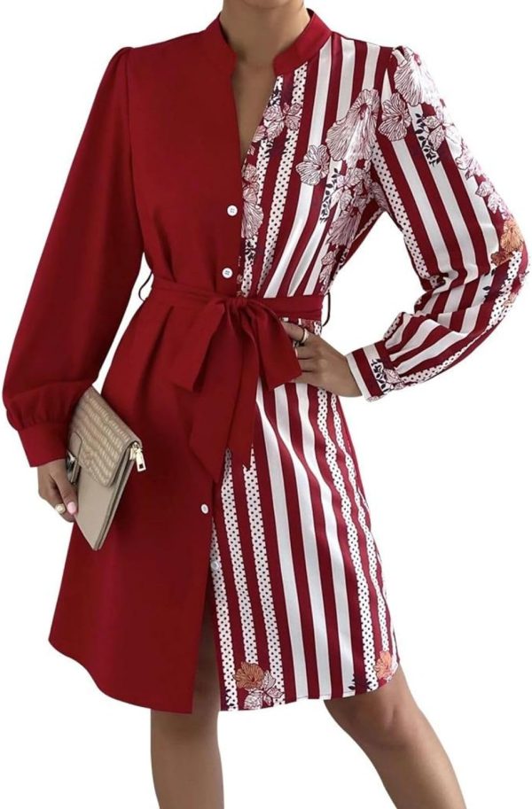 Womens Button Down Shirt Dresses with Belt Button Up Tunics Long Sleeve Blouse Tops