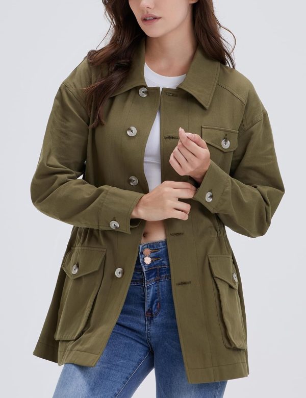 Women's Military Jacket Lightweight Button Up Utility Drawstring Waist Anorak Coat with Pockets