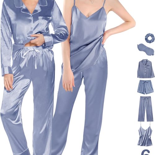 71wpnViD8IL._AC_SL1500 6Pcs Womens Silk Satin Pajama Sets Pj Sets Long Pjs Set Pajamas Sleepwear Camisole Sexy Cami
