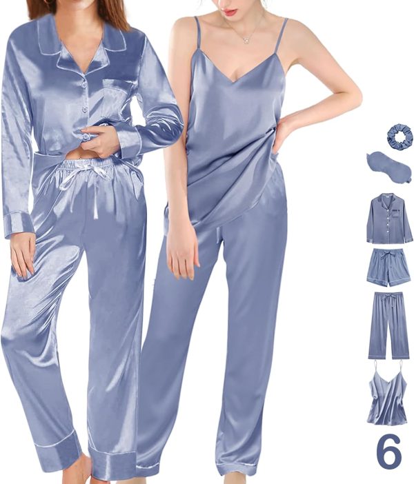 71wpnViD8IL._AC_SL1500 6Pcs Womens Silk Satin Pajama Sets Pj Sets Long Pjs Set Pajamas Sleepwear Camisole Sexy Cami