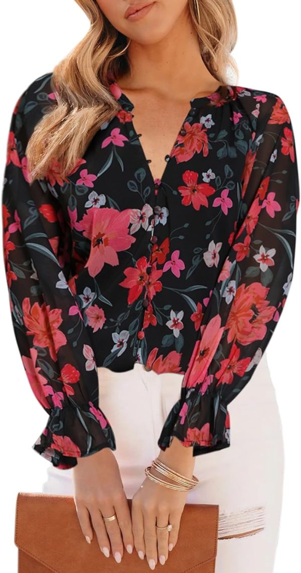 Womens Casual Boho Floral Print V Neck Long Sleeve Blouses Button Down Shirts Dressy Chiffon Loose Ruffle Tops