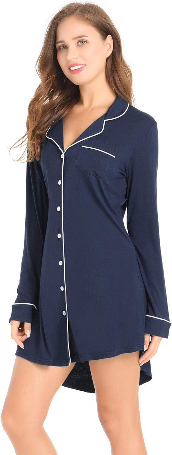 Womens Bamboo Viscose Sleep Shirt Long Sleeve Button Down Nightgowns Boyfriend Nightshirt S-XXL