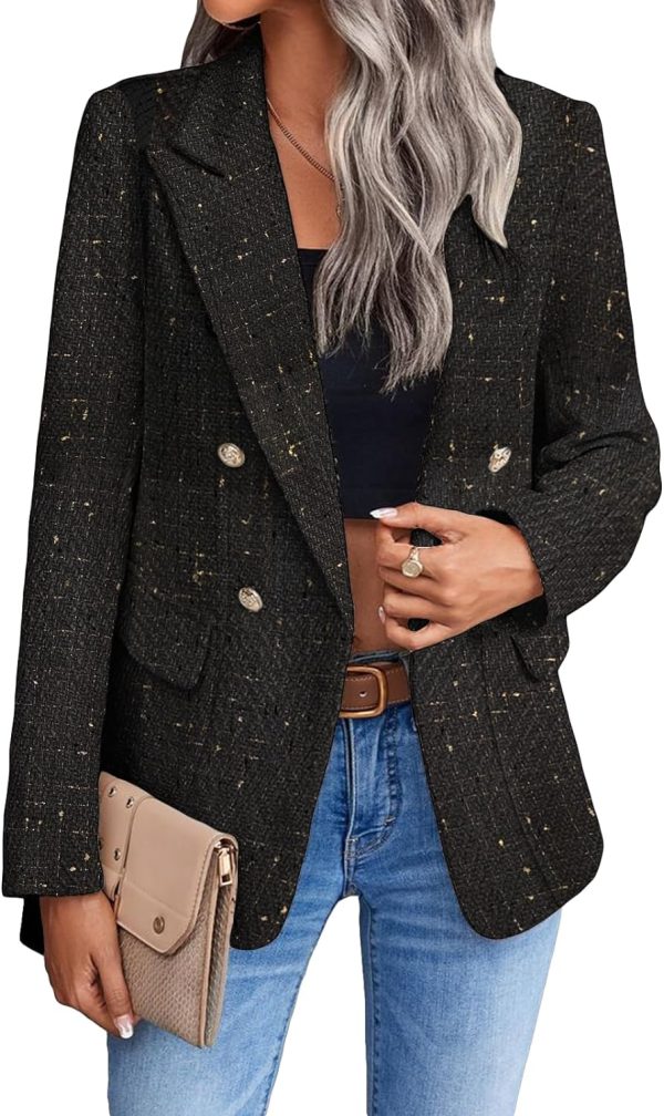 Womens Casual Blazer 2024 Spring Open Front Business Work Tweed Plaid Jacket Suit Pocket (S-XXL)
