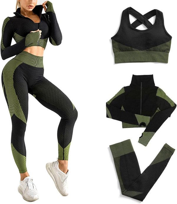 71yhH1pdgJL._AC_SL1500 Women's 3 PC Seamless Gym Clothing Workout Outfit with Jacket Bra & Leggings Set