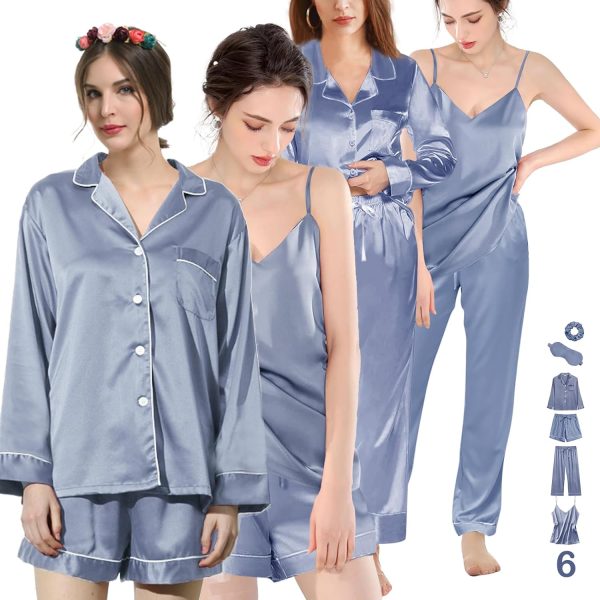 71yj-2NDP3L._AC_SL1500 6Pcs Womens Silk Satin Pajama Sets Pj Sets Long Pjs Set Pajamas Sleepwear Camisole Sexy Cami