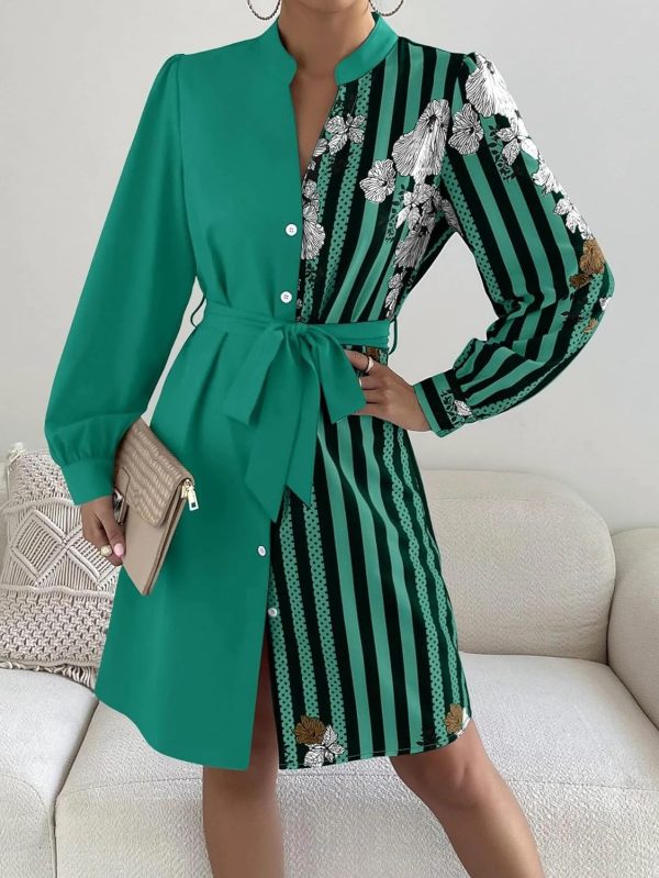 Womens Button Down Shirt Dresses with Belt Button Up Tunics Long Sleeve Blouse Tops