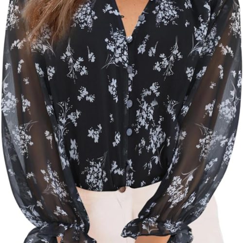 71zIhRKFmzL._AC_SL1500 Womens Casual Boho Floral Print V Neck Long Sleeve Blouses Button Down Shirts Dressy Chiffon Loose Ruffle Tops