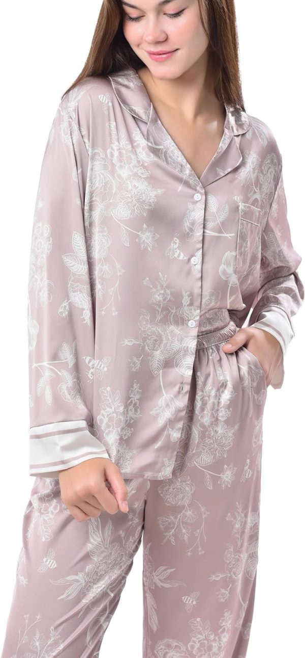 71zzxNnky7L._AC_SL1500 Women's Silky Satin Pajamas Set Long sleeve and Pants Sleepwear Soft and Comfy Button Down Loungewear Relaxed Fit