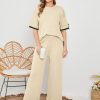 8109r6dNC0L._AC_SL1500 Womens Knit 2 Piece Sweater Sets Short Sleeve Pullover Tops Elastic Waist Wide Leg Pants Lounge Set