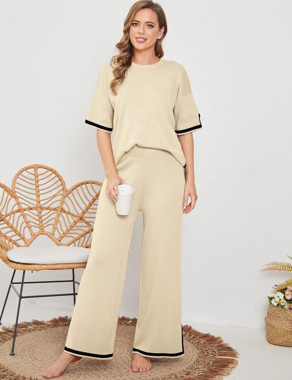 8109r6dNC0L._AC_SL1500 Womens Knit 2 Piece Sweater Sets Short Sleeve Pullover Tops Elastic Waist Wide Leg Pants Lounge Set