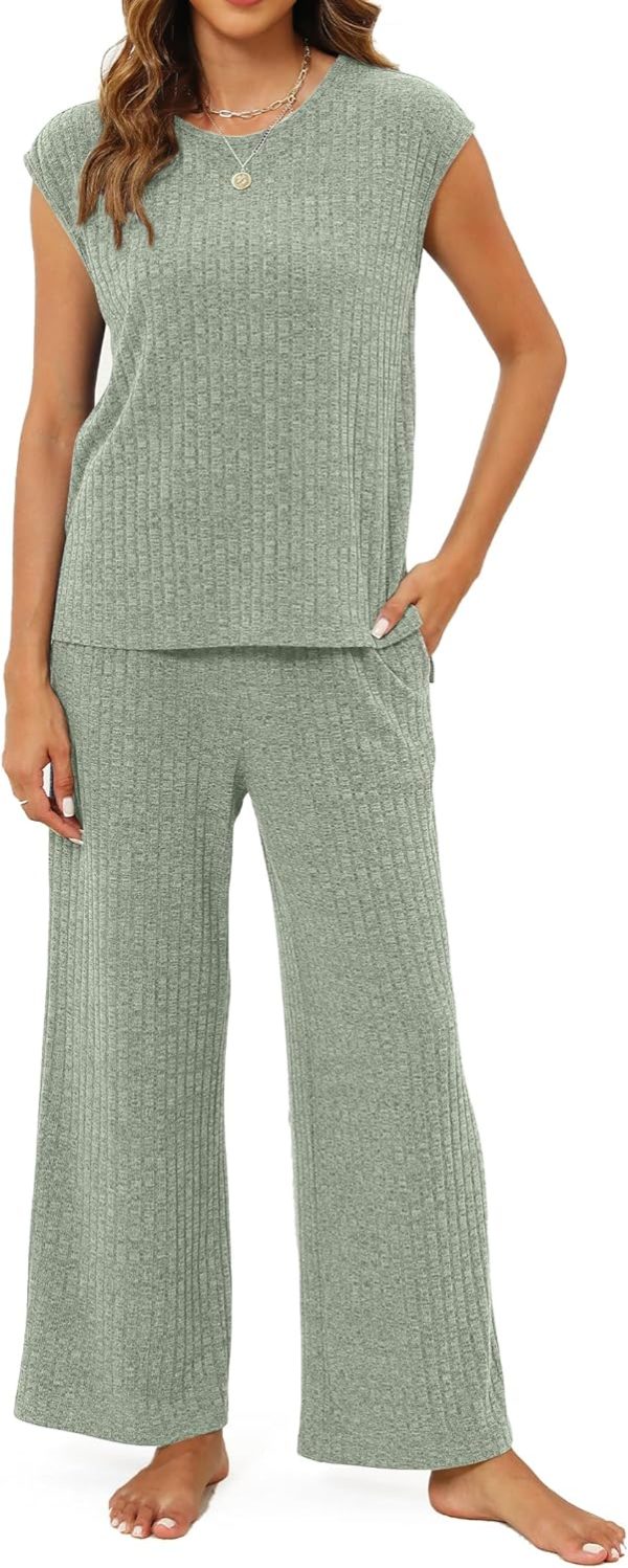 Pajama Sets for Women 2 Piece Ribbed Knit Summer Cute Pj Set Comfy Matching Lounge Sets Loungewear Sleepwear