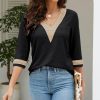 Women's Casual 3/4 Sleeve Shirts Lace V Neck Color Block Dressy Tops Trendy Hollow Floral Blouses T Shirts S-XXL