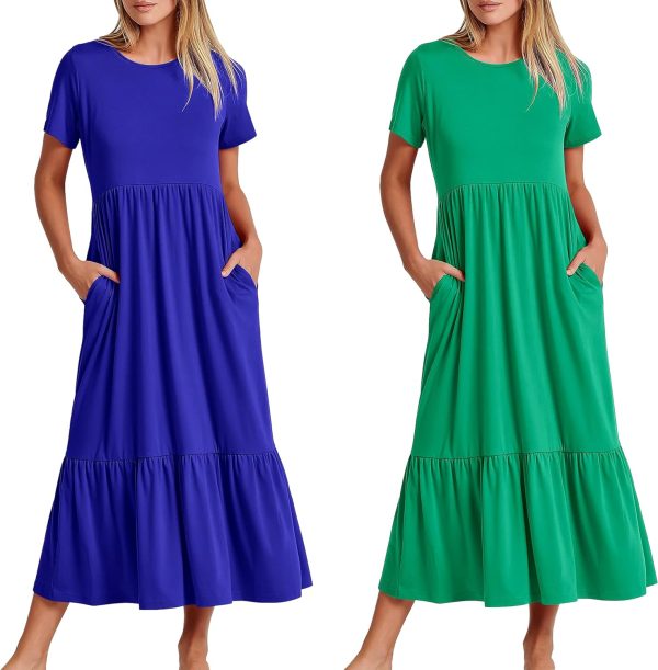 815EXBC5gXL._AC_SL1500 Womens Summer Dresses Casual Short Sleeve Crewneck Swing Dress Casual Tiered t Shirt Dress with Pockets 2024 Trendy Outfits