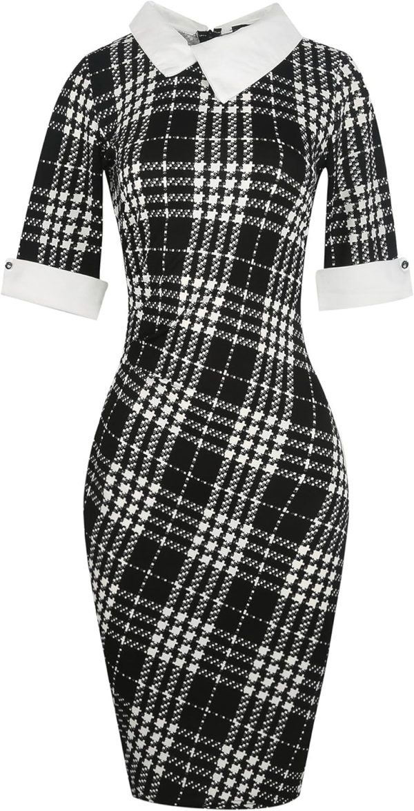 Women's Slim Fit Plaid Floral Printed Half Sleeve Formal Body-con Dress Pencil Dresses SK276