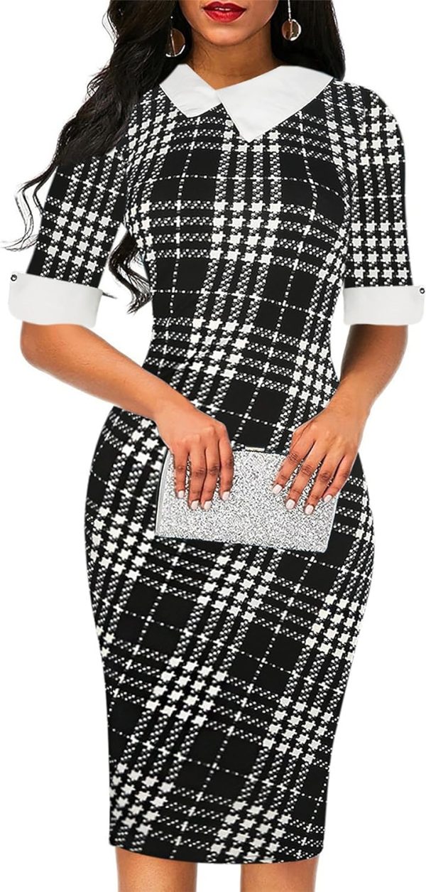 Women's Slim Fit Plaid Floral Printed Half Sleeve Formal Body-con Dress Pencil Dresses SK276