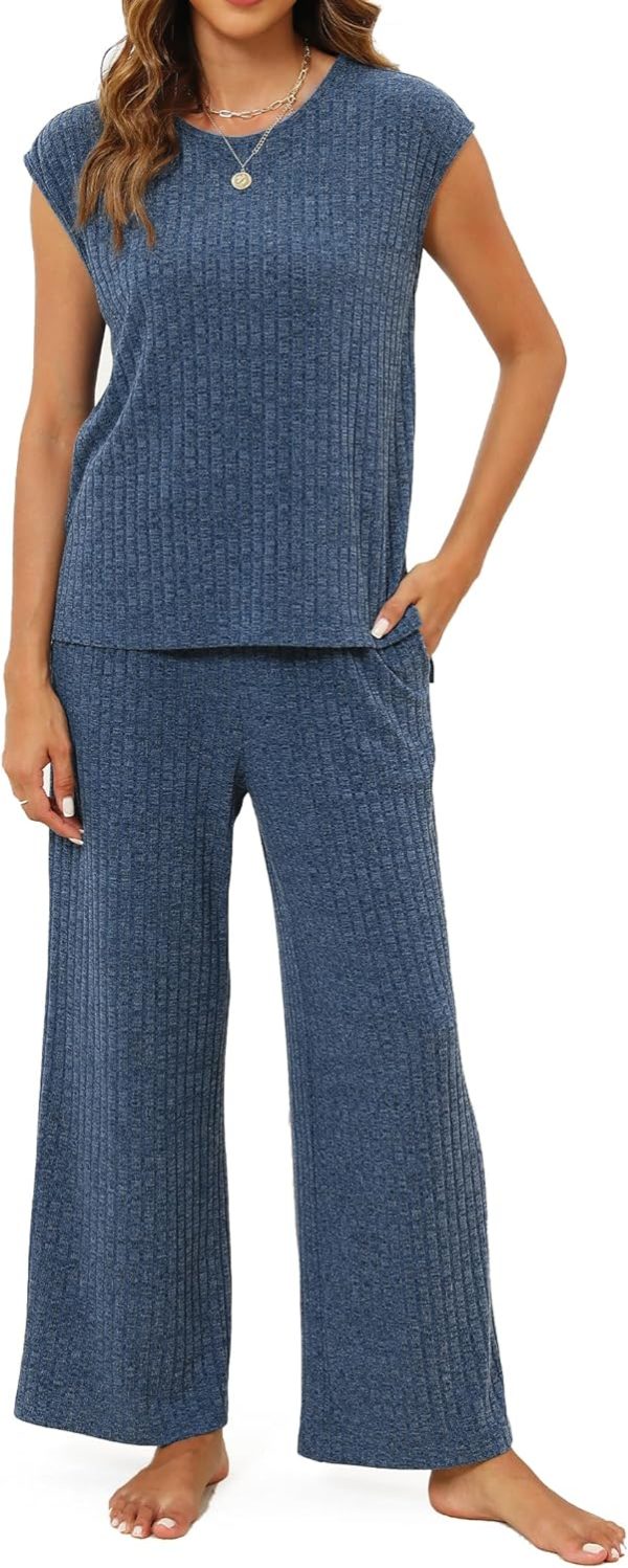 Pajama Sets for Women 2 Piece Ribbed Knit Summer Cute Pj Set Comfy Matching Lounge Sets Loungewear Sleepwear