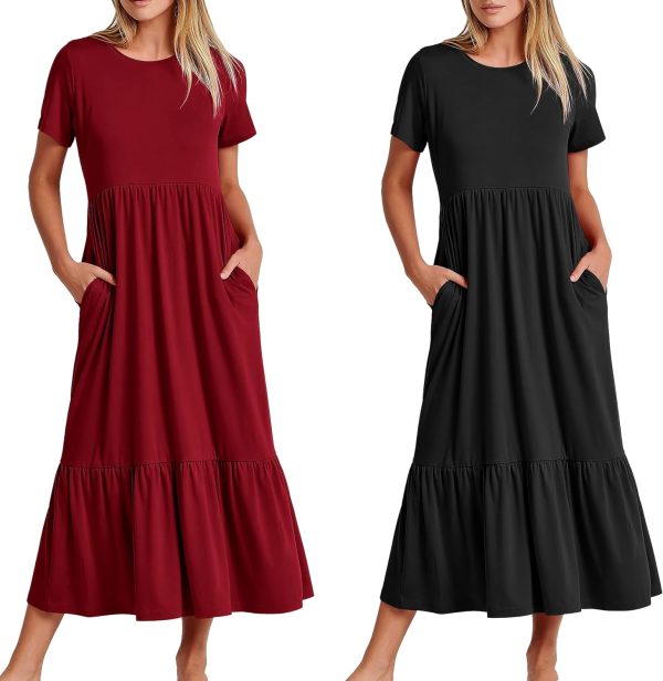 81IVHwQwq_L._AC_SL1500 Womens Summer Dresses Casual Short Sleeve Crewneck Swing Dress Casual Tiered t Shirt Dress with Pockets 2024 Trendy Outfits