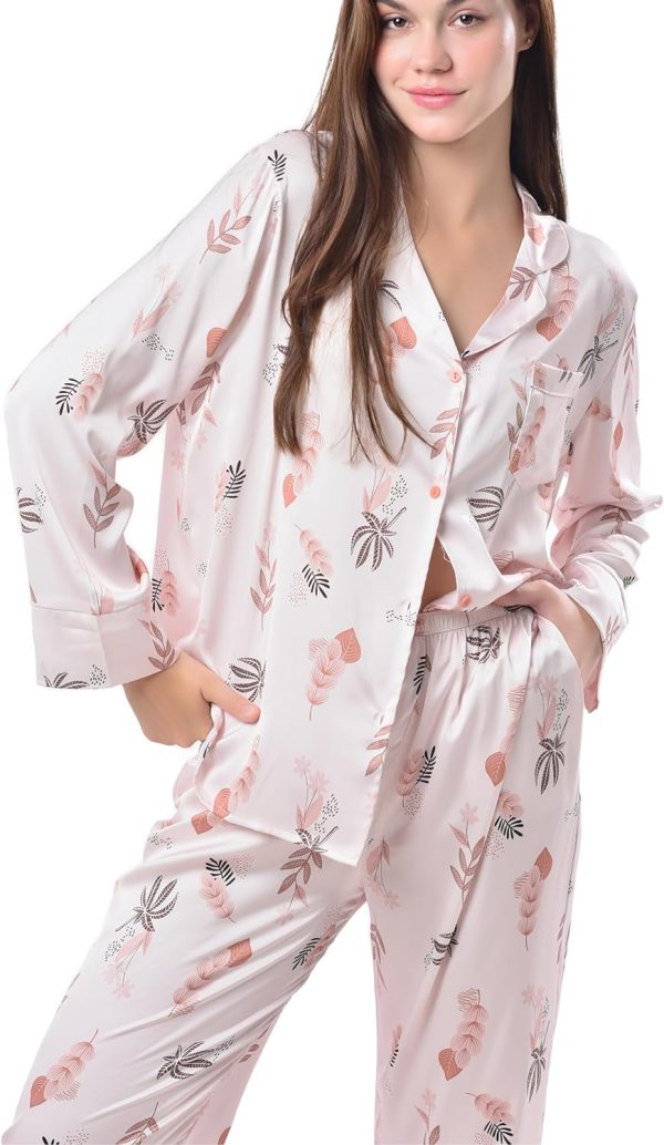 81JQa9D6F_L._AC_SL1500 Women's Silky Satin Pajamas Set Long sleeve and Pants Sleepwear Soft and Comfy Button Down Loungewear Relaxed Fit