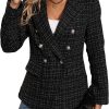 Womens Casual Blazer 2024 Spring Open Front Business Work Tweed Plaid Jacket Suit Pocket (S-XXL)