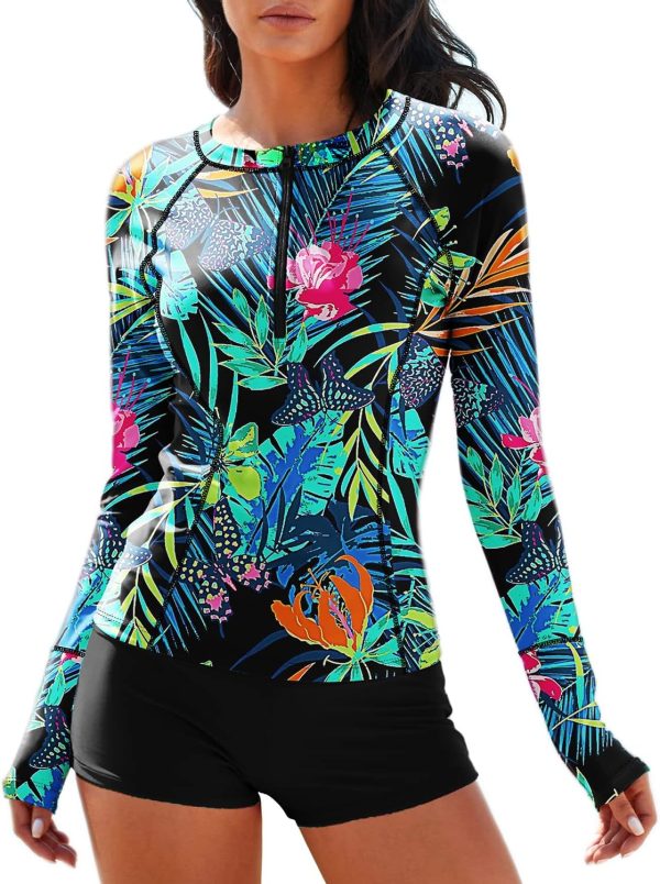 Women Two Piece Rash Guard Long Sleeve Half-Zipper UPF 50 Athletic Surfing Swimsuit