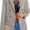 Womens Casual Blazer 2024 Spring Open Front Business Work Tweed Plaid Jacket Suit Pocket (S-XXL)