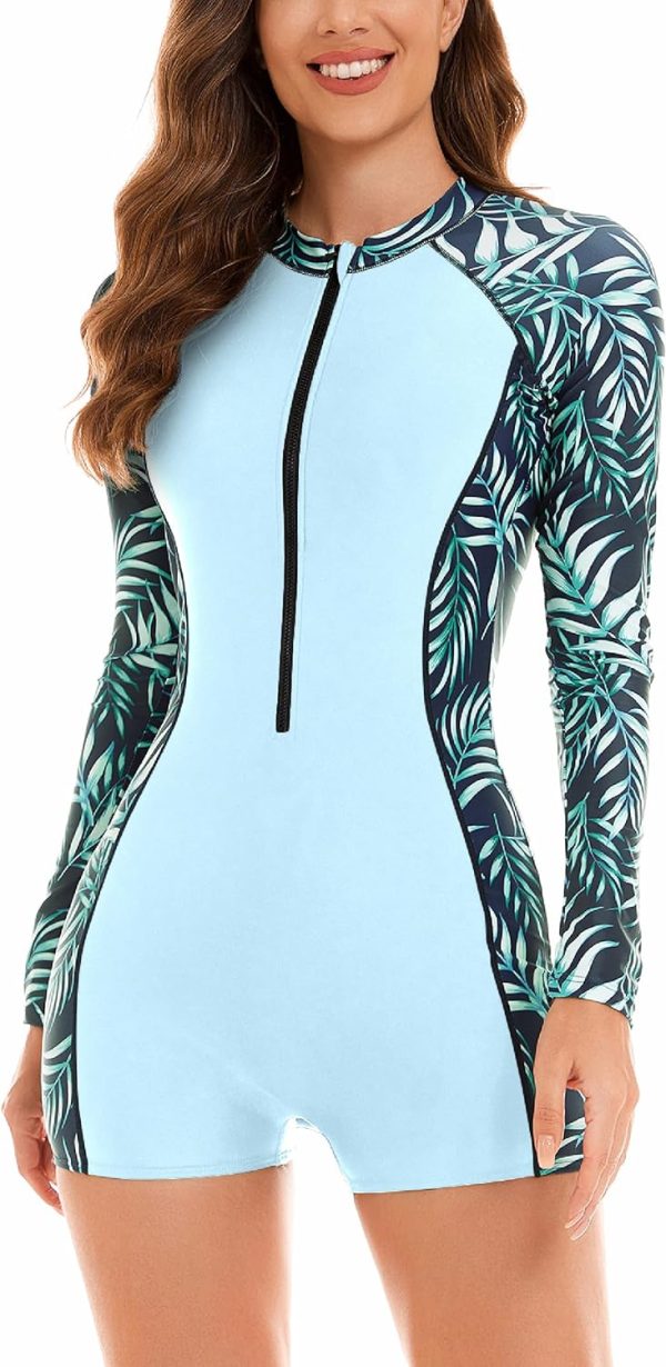 81W0K9VGqhL._AC_SL1500 Women Zip Rash Guard Long Sleeve One Piece Splice Swimsuit UPF 50+ Tummy Control Surfing Bathing Suits Boyshort Bottom