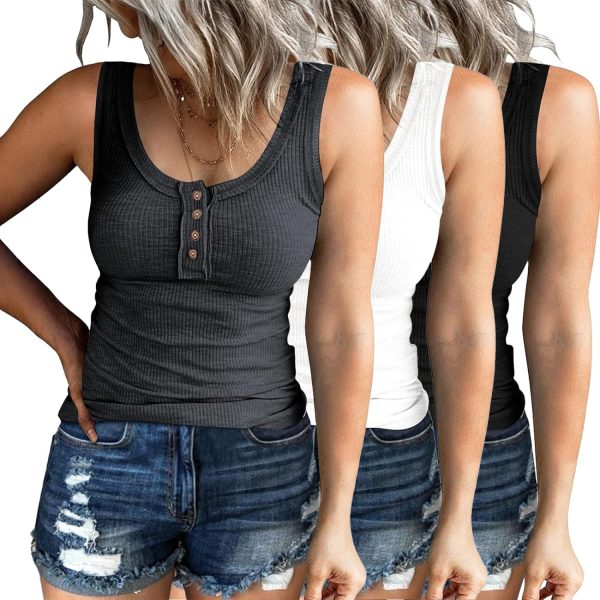 81WbcAEvLKL._AC_SL1500 3 Pack Women Tank Tops Ribbed Summer Casual Sleeveless Basic Cami Top Slim Henley Button Down Blouses