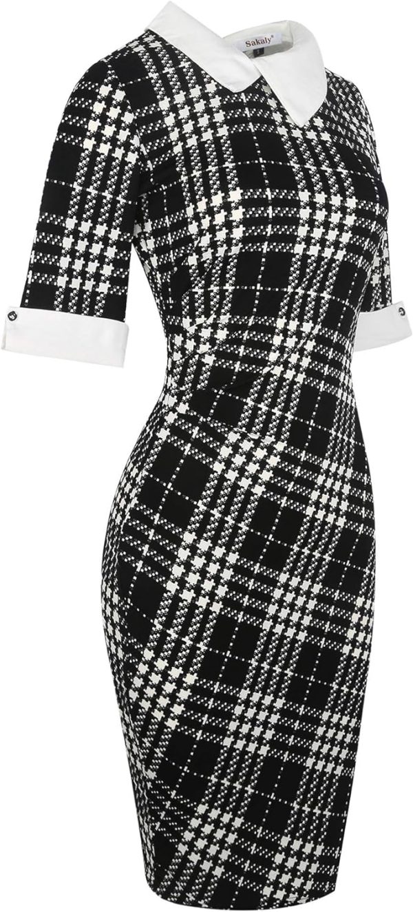 Women's Slim Fit Plaid Floral Printed Half Sleeve Formal Body-con Dress Pencil Dresses SK276