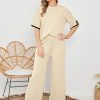 81pAO4KFkcL._AC_SL1500 Womens Knit 2 Piece Sweater Sets Short Sleeve Pullover Tops Elastic Waist Wide Leg Pants Lounge Set