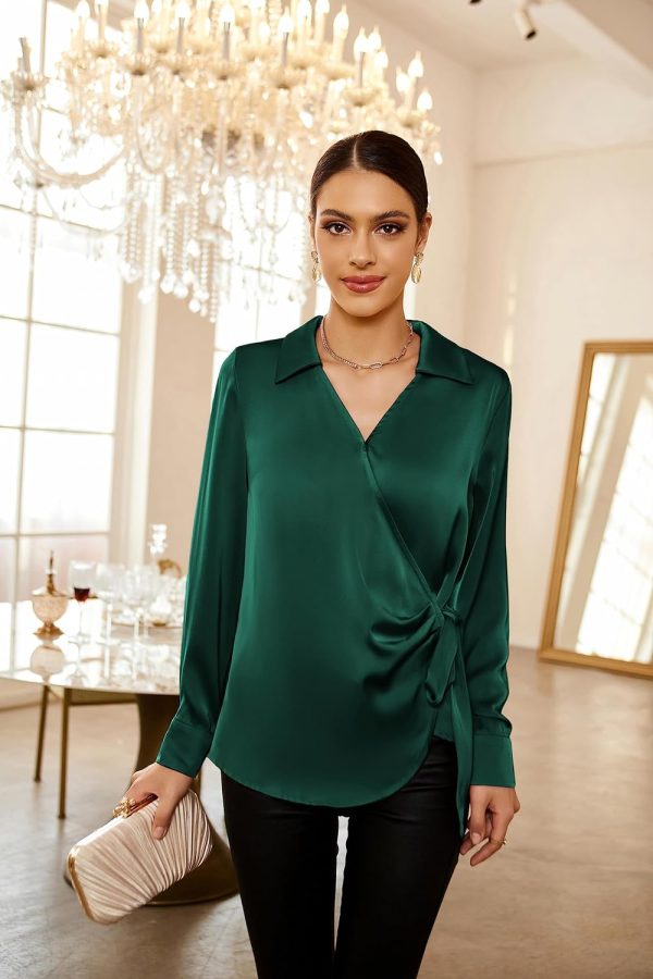 Women's Satin Silk Blouses Wrap V Neck Shirts Long Sleeve Elegant Tie Waist Office Formal Work Tunic Pullover Tops