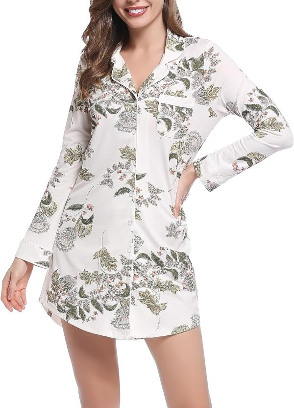 Womens Bamboo Viscose Sleep Shirt Long Sleeve Button Down Nightgowns Boyfriend Nightshirt S-XXL