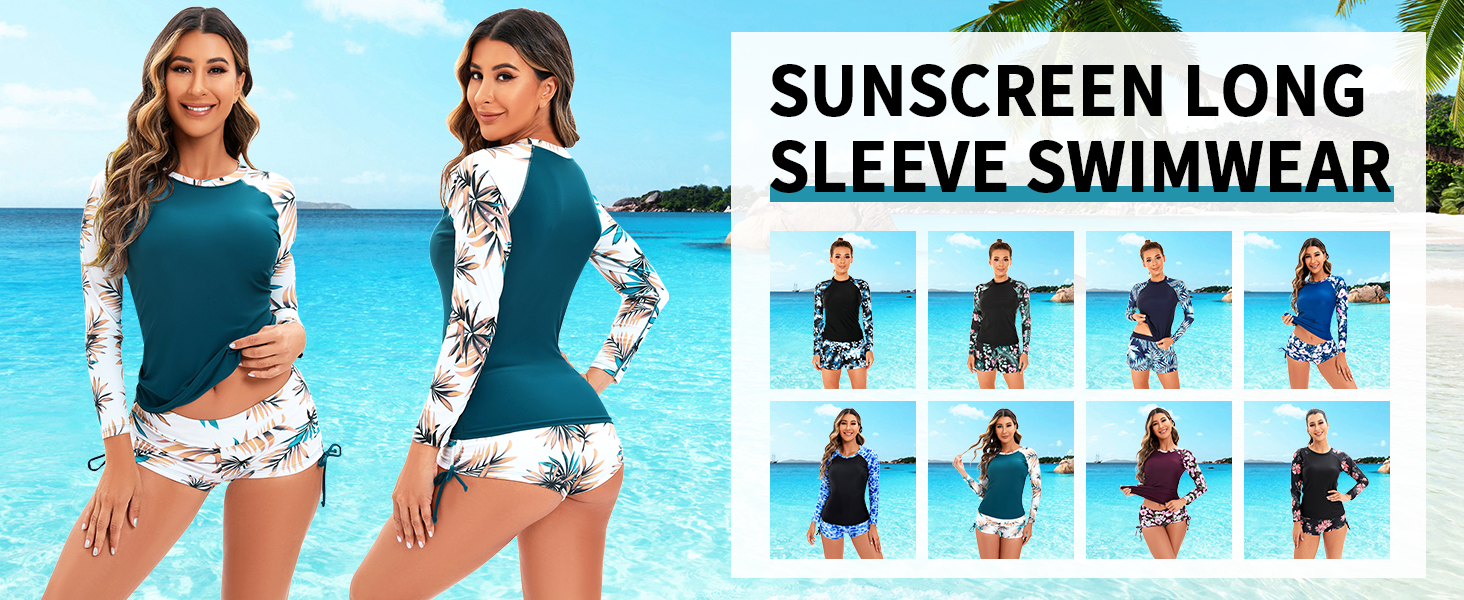 Women 2 Piece Rash Guard Long Sleeve Swimsuits UPF 50+ Swim Shirt Bathing Suit with Boyshort Bottom