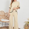91_p5N75PQL._AC_SL1500 Womens Knit 2 Piece Sweater Sets Short Sleeve Pullover Tops Elastic Waist Wide Leg Pants Lounge Set