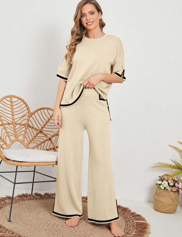 91_p5N75PQL._AC_SL1500 Womens Knit 2 Piece Sweater Sets Short Sleeve Pullover Tops Elastic Waist Wide Leg Pants Lounge Set
