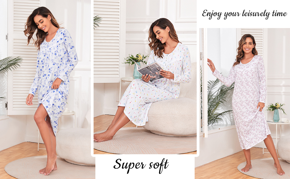 Long cotton nightgown for women long sleeve pajamas